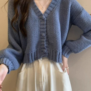 V领软糯毛衣外套女秋季百搭新款小个子外搭针织开衫秋冬短款上衣