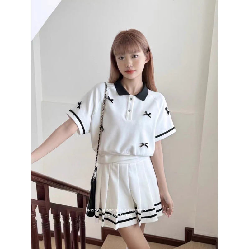 TOP学院时尚套装女夏季撞色立体蝴蝶结短袖T恤高腰百褶裙两件套|undefined