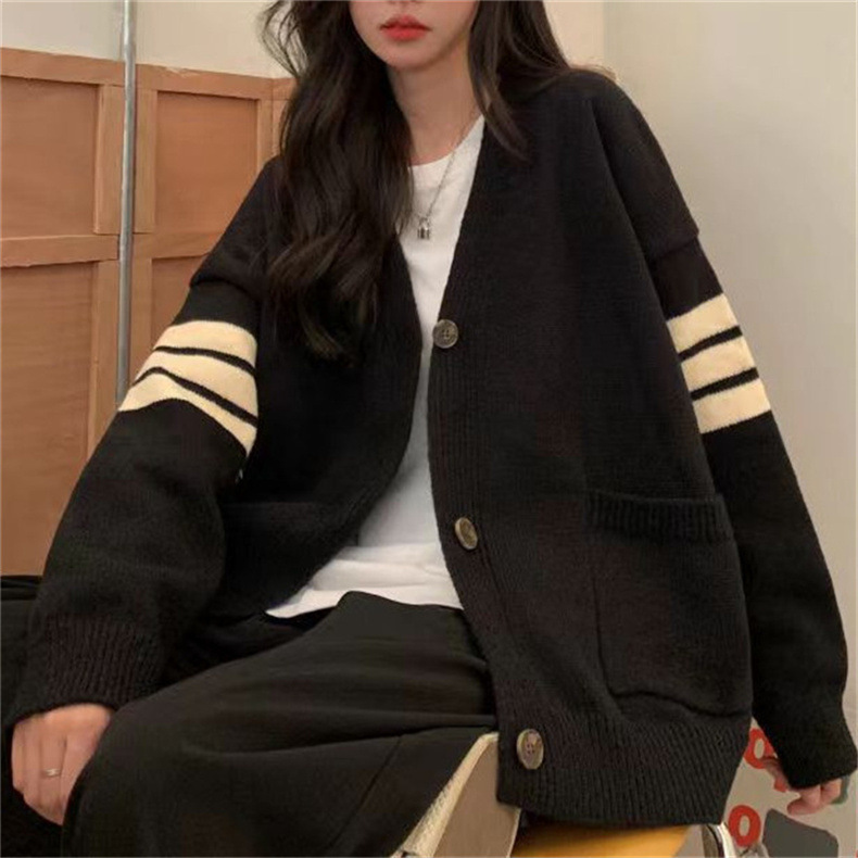韓国の優しいストライプ V ネックセータージャケット女性のための秋と冬のクロスボーダースタイルカレッジスタイル日本レトロセータートップ|undefined