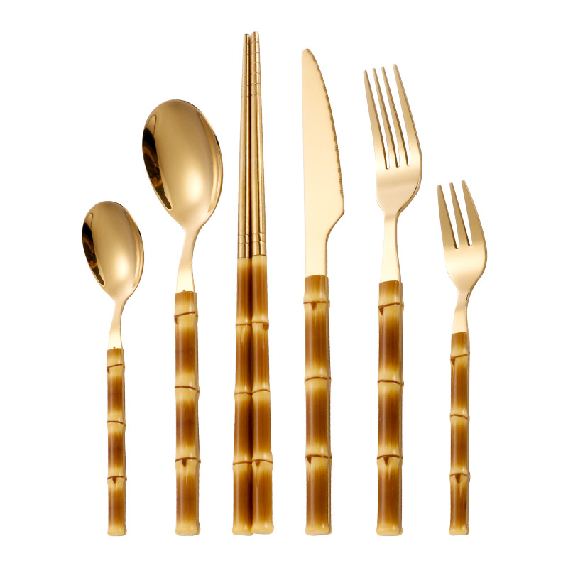 Cuchillo de acero inoxidable, tenedor y cuchara Hotel creativo vajilla occidental cuchillo de filete, tenedor y cuchara Palillos de bambú de imitación transfronteriza