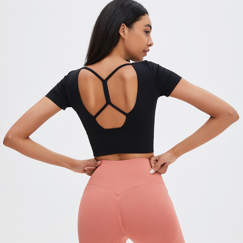 Amazon nuevo yoga manga corta Correa delgada Cruz espalda sexy deportes camiseta alta cintura elástica fitness yoga ropa