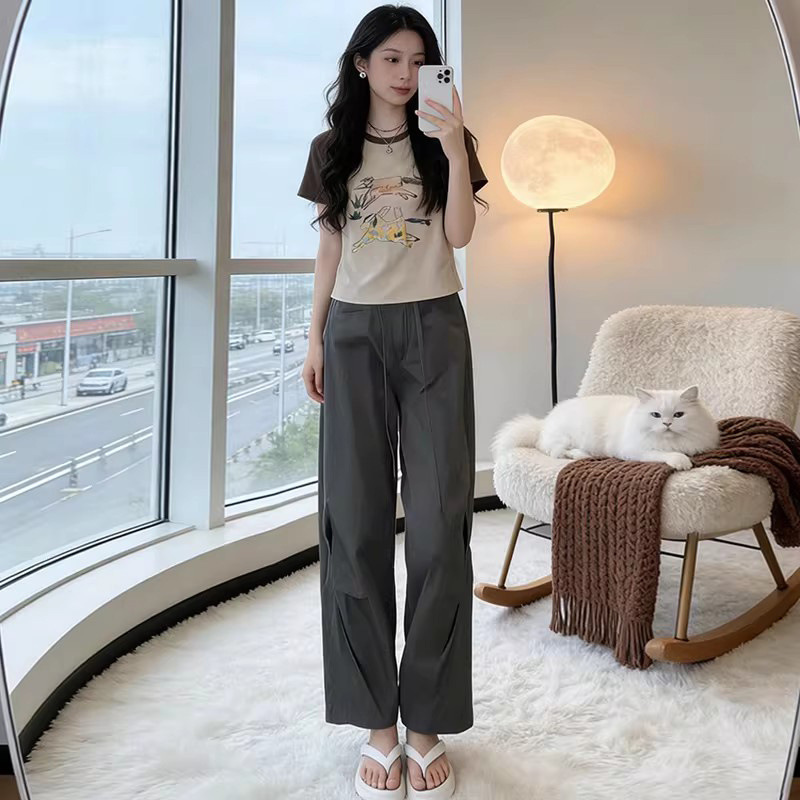 Casual Sports Suit for Petite Women, Summer Age-Reducing Korean Style Lazy Short-Sleeved T-Shirt, Workwear Wide-Leg Pants Two-Piece Set