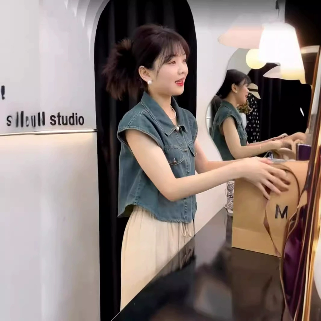 Винтажная джинсовая рубашка с рукавами из листьев лотоса женская летняя гавань свободная повседневная тонкая короткая куртка