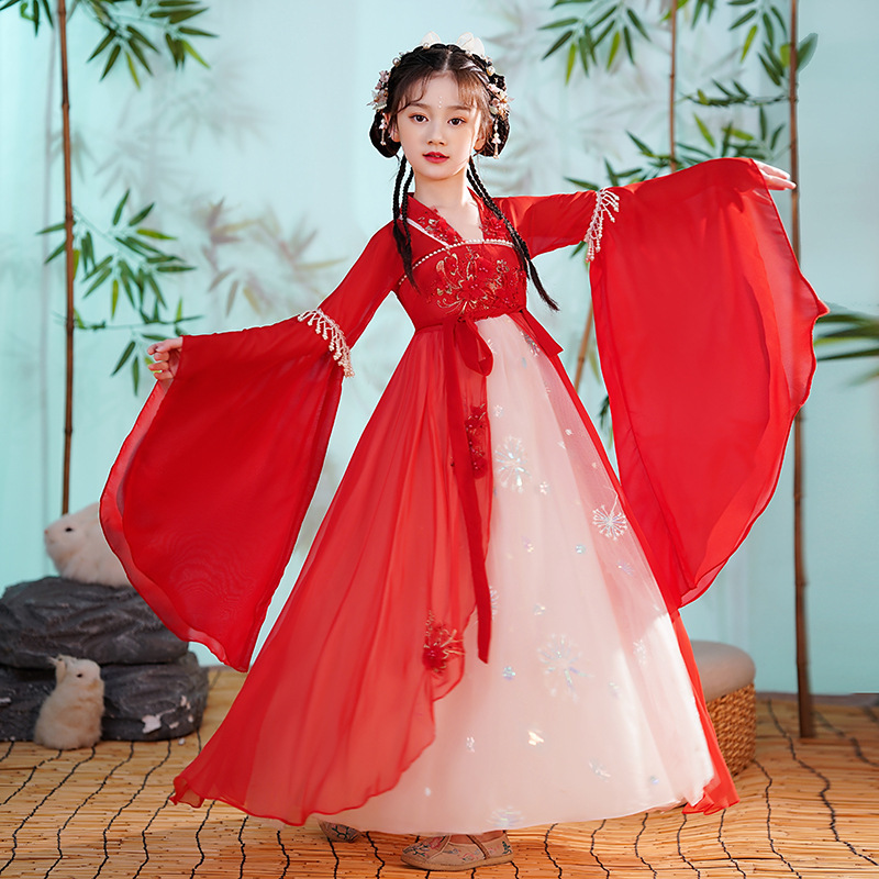 Children girls fairy hanfu red color chinese princess cosplay dress ancientry folk dance costumes Ru guzheng performance dress for girls