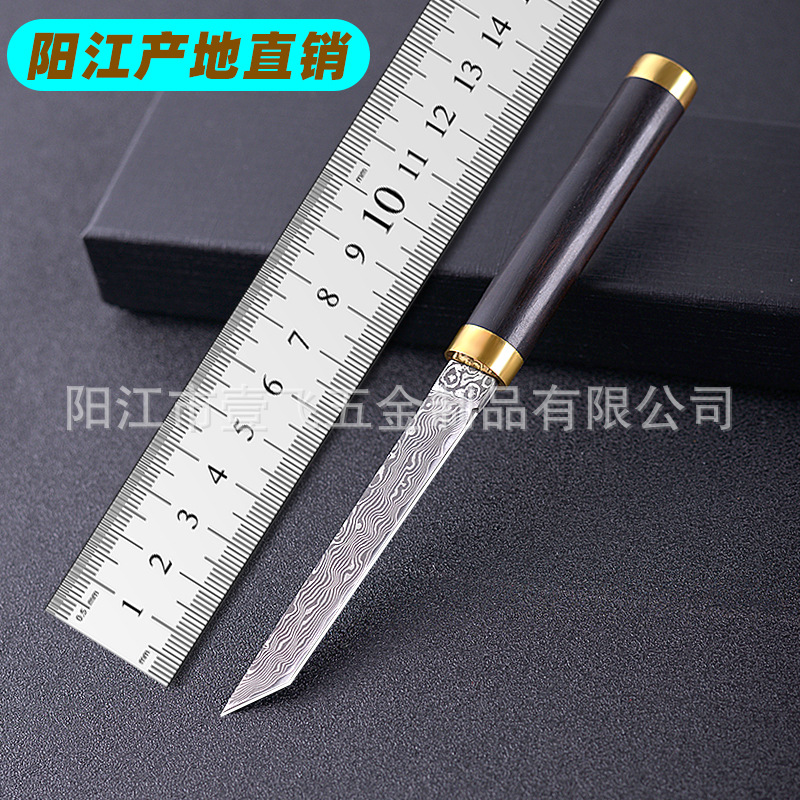 厂家现货高端黑檀木小直刀锋利VG大马士革钢材木柄带刀削精美礼盒