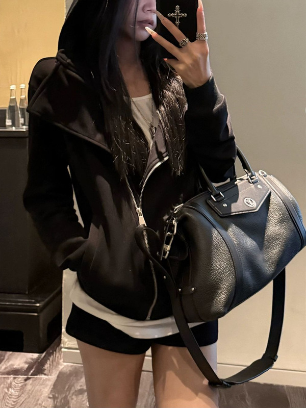 YOLO SHP 黑色连帽卫衣女修身百搭设计感翻领美式开衫外套上衣|undefined