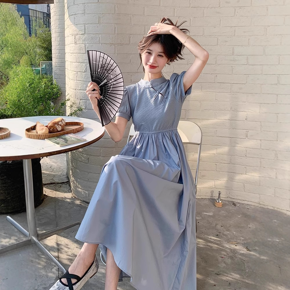 Blue Chinese Style For Women, Summer 2025 New Model, Improved Cheongsam, Elegant And Slimming Long A-line Dress_ecoleips.com