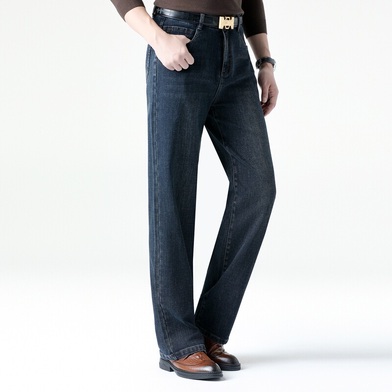 Autumn and Winter Thick Wide-Leg Jeans for Young and Middle-Aged Men, Fashionable Loose Trousers, High-Waisted Luxury Straight Casual Pants