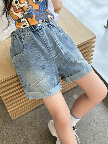 Short denim jeans for girls, new loose trendy children's summer turn-up shorts