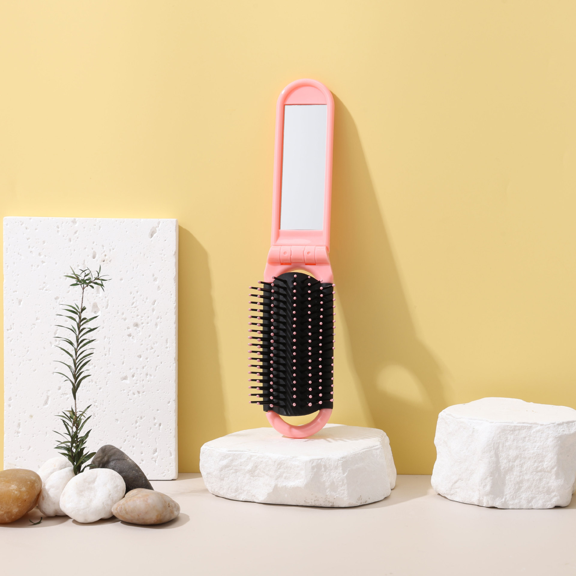 Shunfa plegable espejo peine de plástico de viaje portátil plegable airbag peine portátil espejo cosmético de doble uso integrado espejo peine