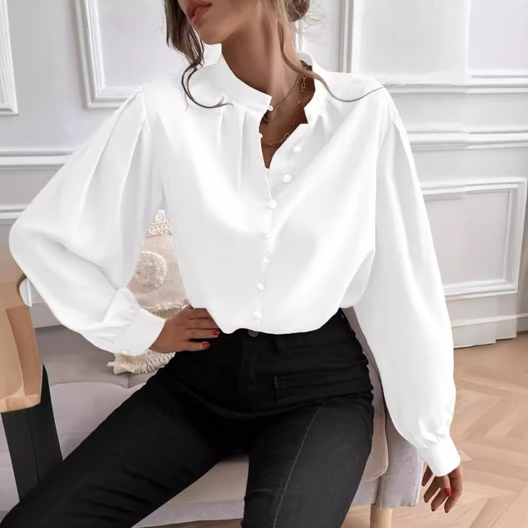 En stock transfronteriza europea y americana 2023 Amazon camisa de las mujeres populares semi-abierto cuello de color sólido suelta de manga larga elegante image 3