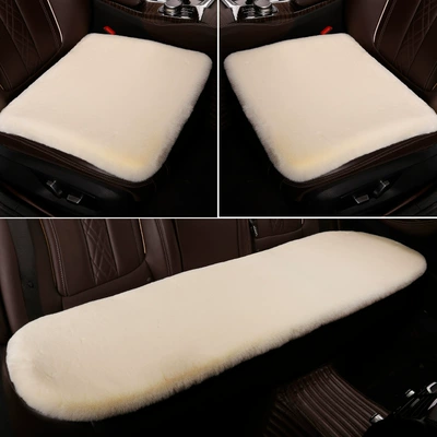 Winter car seat cushion set, imitation rabbit fur, thick short plush, three-piece set, no backrest, warm car seat pad for winter (Wool pad) - full-set-of-three-piece-covers-for-a-five-seater-vehicle-beige