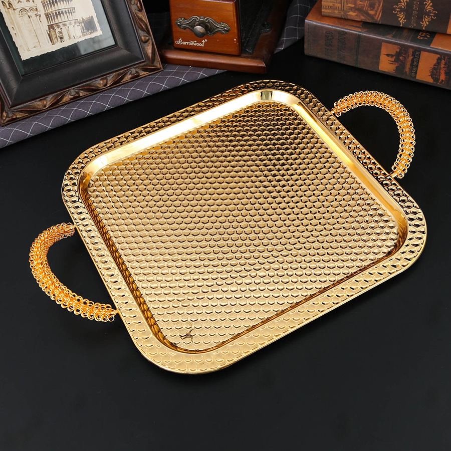 欧式方形托盘摆件金属锤点方形托盘水果盘烘焙蛋糕甜品盘歌厅用品