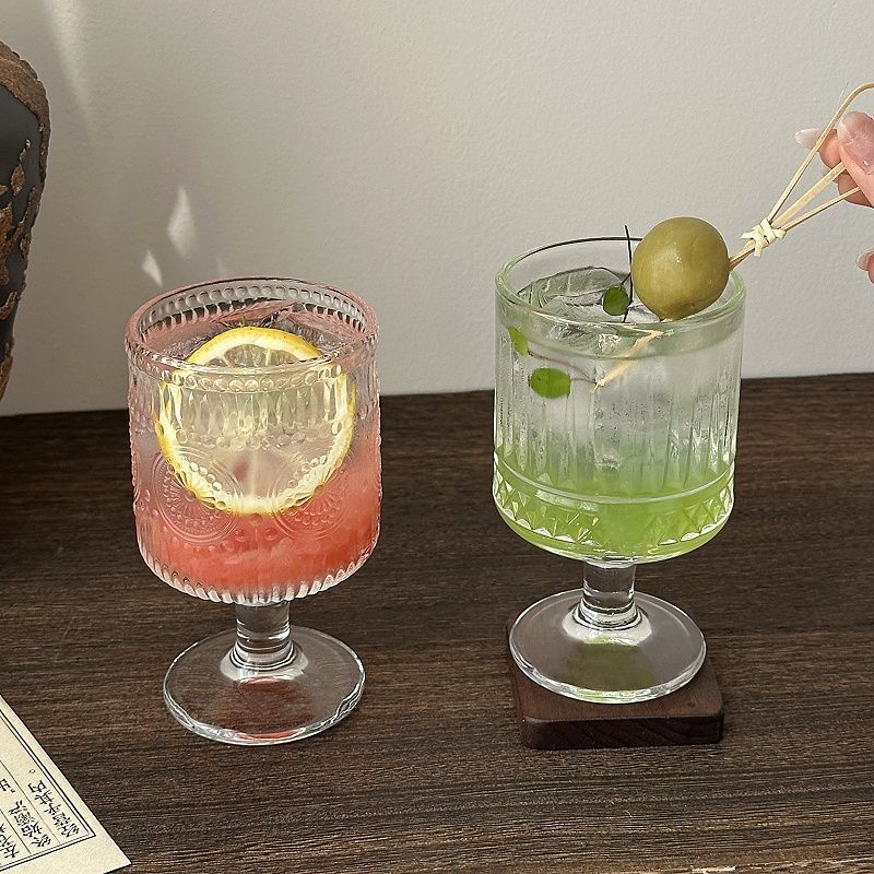 复古ins风太阳花浮雕玻璃杯高颜值酒杯设计感饮料果汁高脚水杯子|undefined