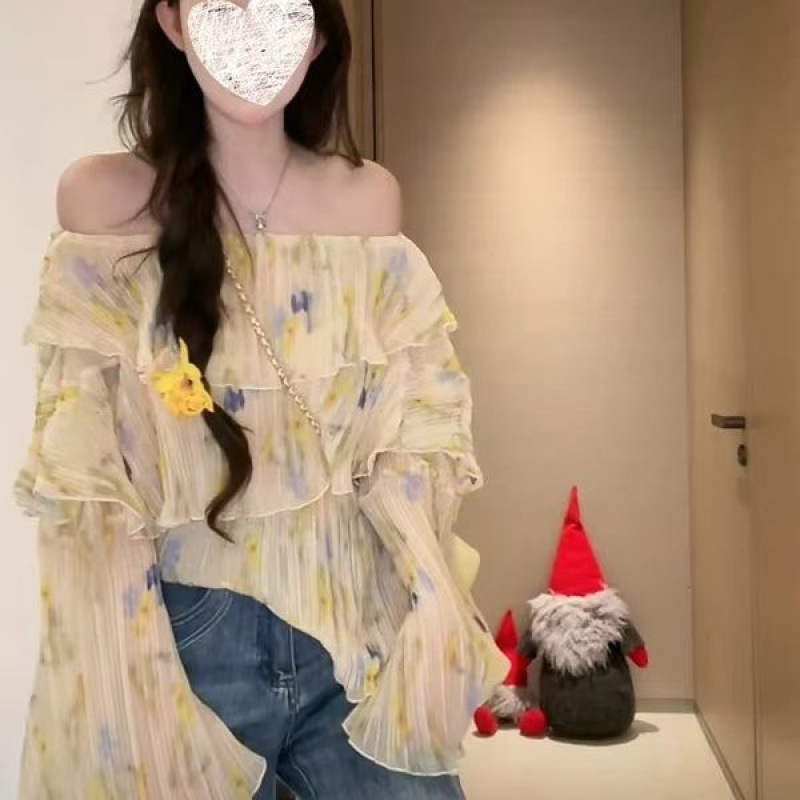 フレンチレトロ花柄ワンショルダー長袖シフォンシャツレディース春夏フリル甘くてシックなトップス|undefined