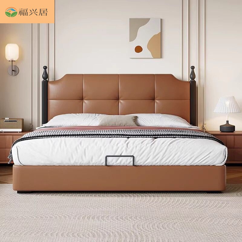 Light Luxury Mid-Century Style Genuine Leather Soft Backrest Large Bed Master Bedroom Drawer Storage Double Bed Small Apartment Genuine Leather Italian-Style Bed Light Luxury Mid-Century Style Genuine Leather Soft Backrest Large Bed Master Bedroom Drawer Storage Double Bed Small Apartment Genuine Leather Italian-Style Bed