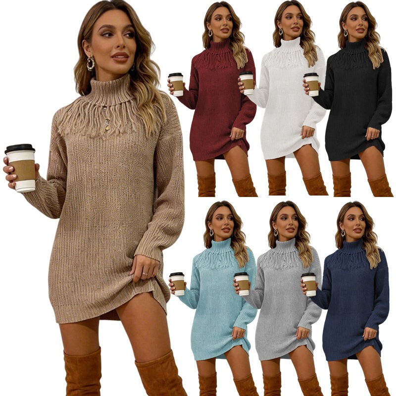 European and American Style Tassel High-Neck Solid Color Knit Sweater, Loose Casual Autumn and Winter Plus-Size Mid-Length Dress Sweater for Women