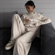 跨境欧美秋冬女装针织衫立领开叉套头衫针织宽松阔腿裤套装