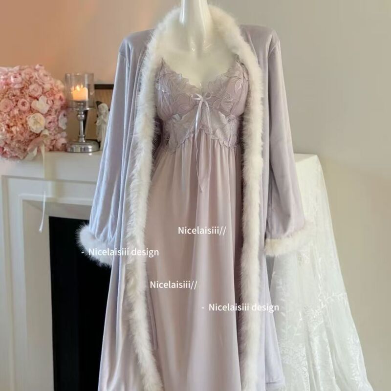 French-Style Noblewoman Island Velvet Pajamas, Feminine Autumn and Winter Pure Desire Long Nightgown Robe Set with Chest Pads