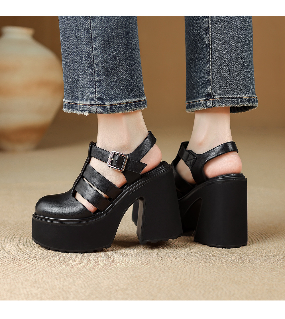 Sandal cao gót nữ mũi kín quai T đế xuồng phong cách La Mã — Da cừu lông đen, Da bò đen chi tiết 10