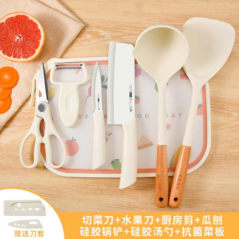걸이형 흰색 및 빨간색 도마 + 모조 도자기 슬라이스 칼 + 과일 칼) + 가위 + 납작한 손잡이 멜론 대패 + 나무 손잡이 유백색 실리콘 (주걱 + 수프 스푼)