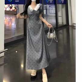 蕾丝法式赫本风灰色高级短袖连衣裙女夏季梨形收腰显瘦波点长裙子