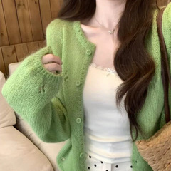 韓国系馬海毛丸襟透かし編みカーディガン女性春新作デザイン感外着ショートコート上着薄い