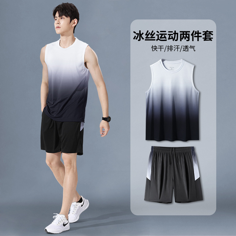 健身衣服男冰丝速干运动服套装秋冬短袖晨跑步羽毛篮球训练房短裤|undefined