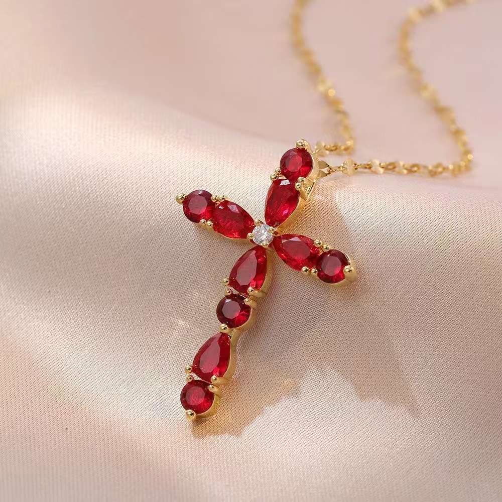 Wholesale Jewelry Shiny Cross Titanium Steel Zircon Inlay Pendant Necklace Cable Chain display picture 24