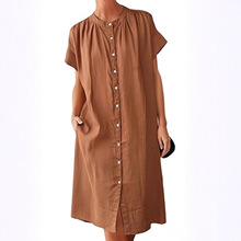 跨境外贸2025夏季新款立领短袖单排扣大码休闲宽松褶皱中长连衣裙