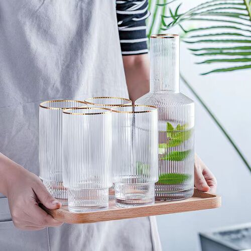Japanese simple vertical pattern glass cold kettle, summer household juice lemonade cup, high-looking hot and cold water kettle