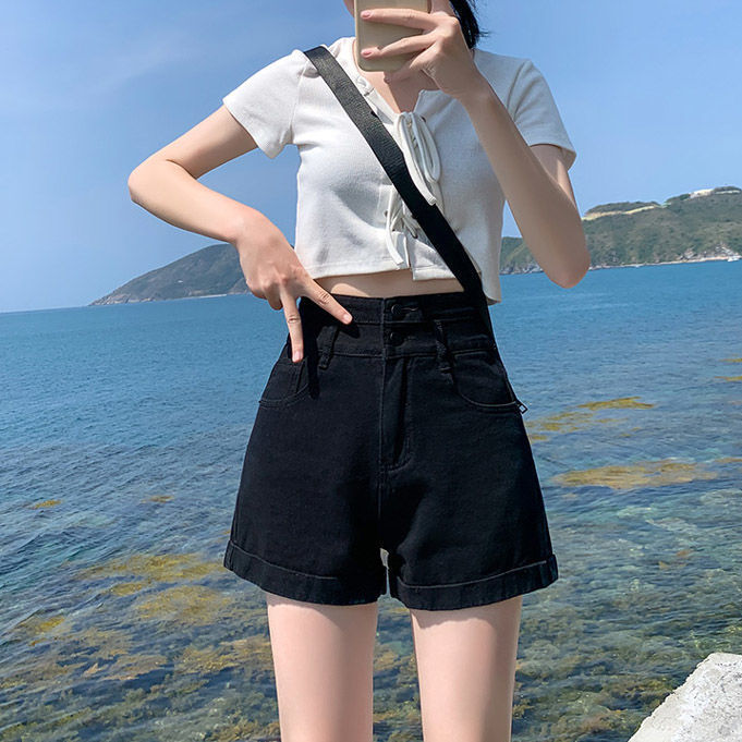블랙 슈퍼 하이 허리 데님 반바지 여성 여름 새로운 느슨한 슬리밍 와이드 레트로 컬링 A 자형 짧은 핫 조인트