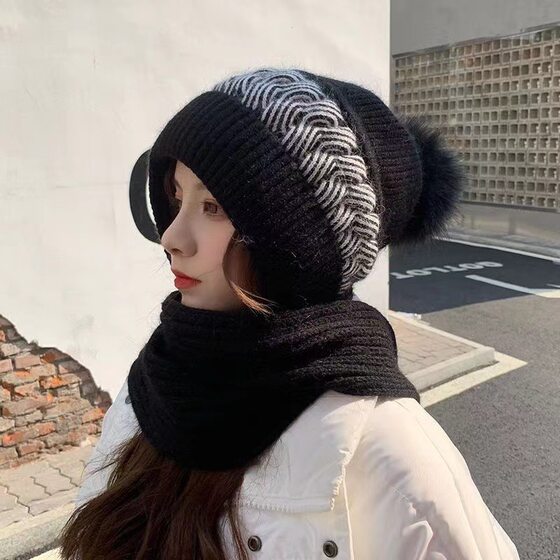 Scarf Earmuffs, Fashionable Autumn and Winter Hats, Wind and Snow Neck Scarves, One-Piece Hats, Woolen Knitted Hats, Warm Ear Protection Hats for Women