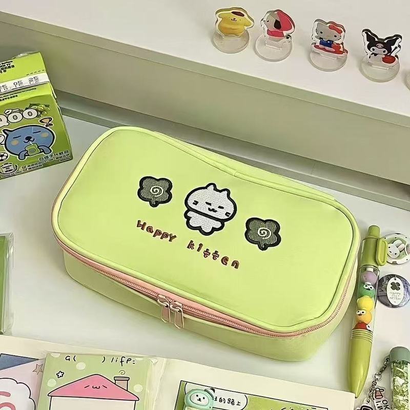かわいい四つ葉のクローバーの子猫刺繍鉛筆バッグイン高価値大容量多機能文具箱小中学生用|undefined