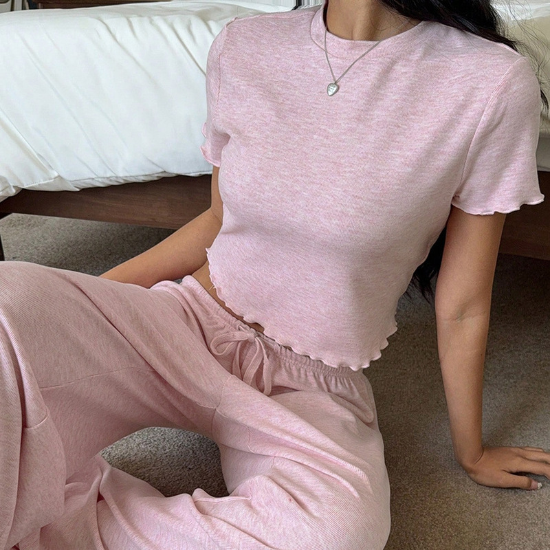 欧美坑条简约粉色上衣长裤女式睡衣家居服亲肤舒适可外穿秋季新品|undefined