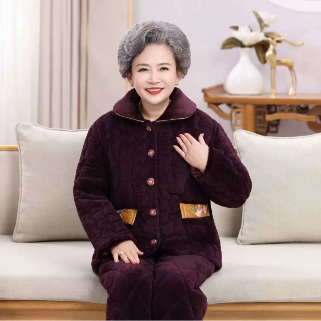 冬季睡衣女士三层法兰绒加厚保暖套装老年人妈妈奶奶大码夹棉加绒
