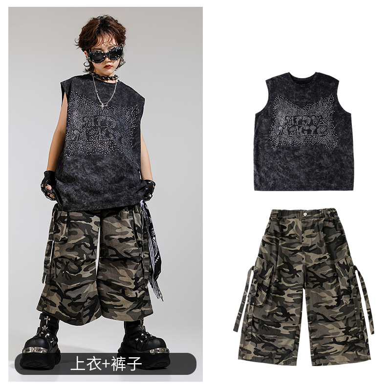 Disfraz de niño de baile callejero para niños, traje de chaleco sin mangas de diamantes calientes para niños guapos