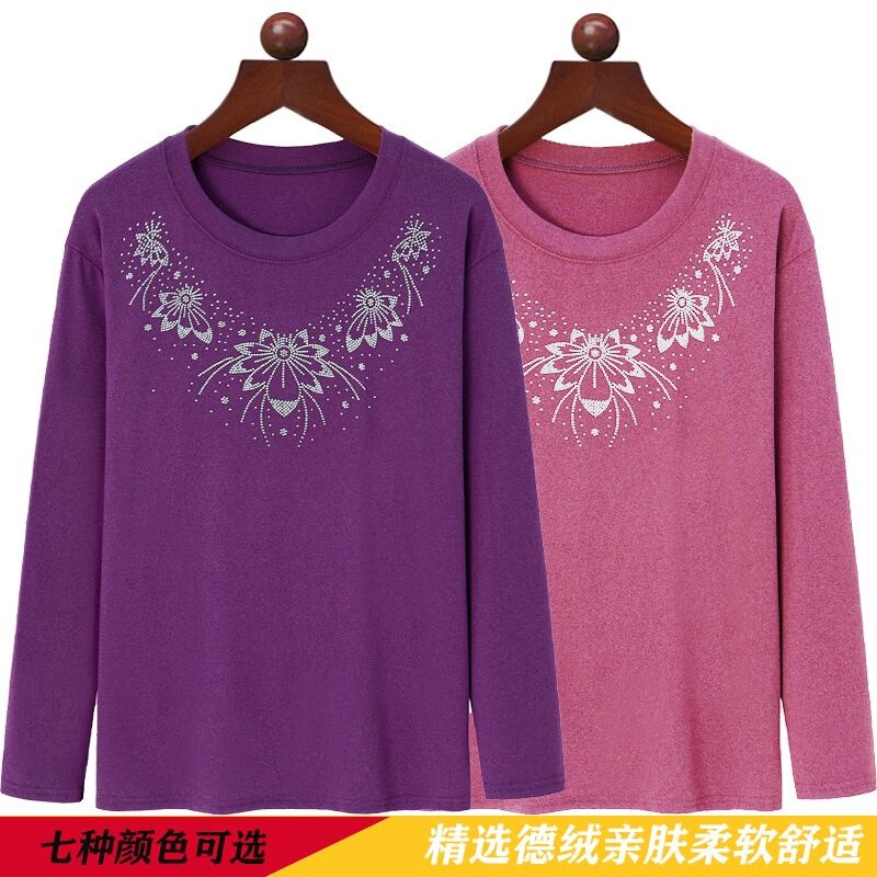 Middle-Aged and Elderly Women's Long-Sleeve Autumn Thermal Tops with German Velvet, Stylish Winter Diamond-Studded Versatile Base Shirt for Mothers
