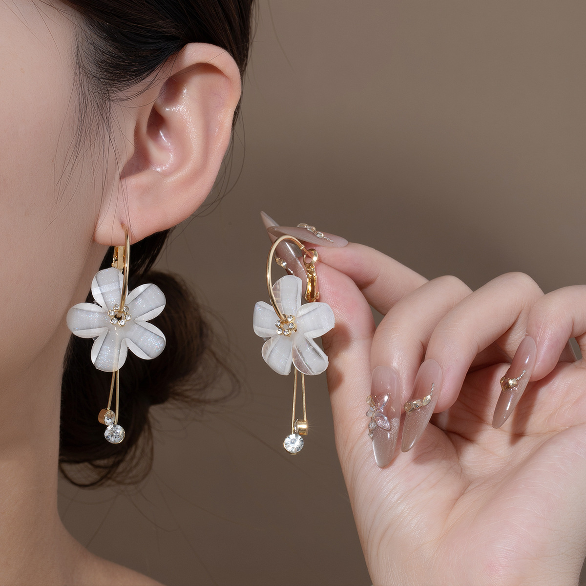 银针韩版气质玻璃花瓣花朵耳环 超仙流苏长款耳圈耳扣耳饰女