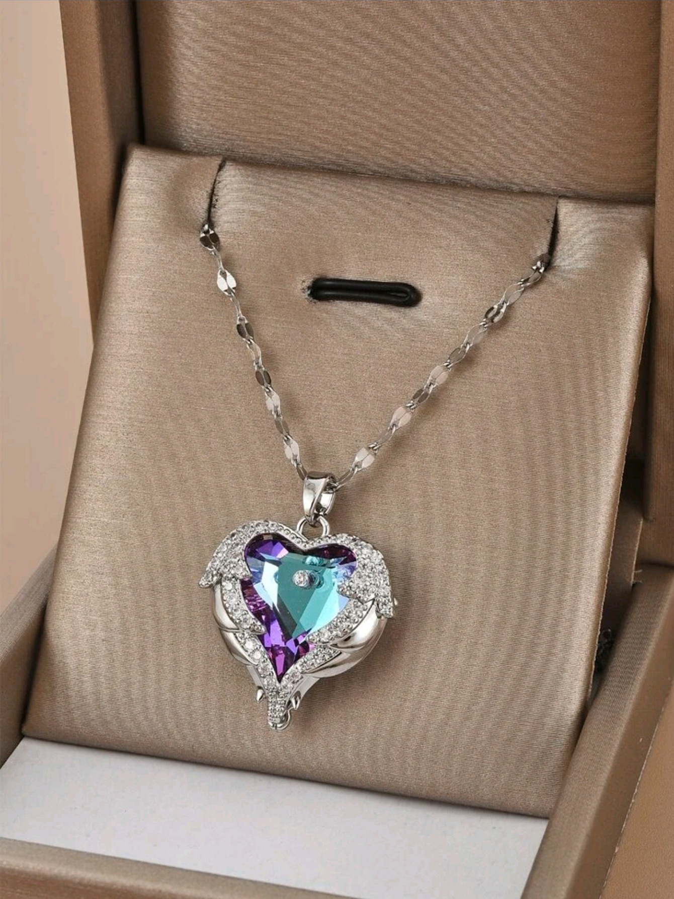 Collar de corazón de océano para mujer – colgante de cristal en forma de corazón, cadena de clavícula de acero inoxidable