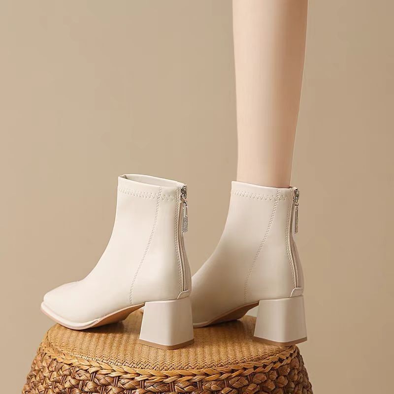 White Thick Heel Short Boots for Women 2025 Autumn and Winter New Style Fleece-Lined with Skirt Small Style Martin Slim Boots
