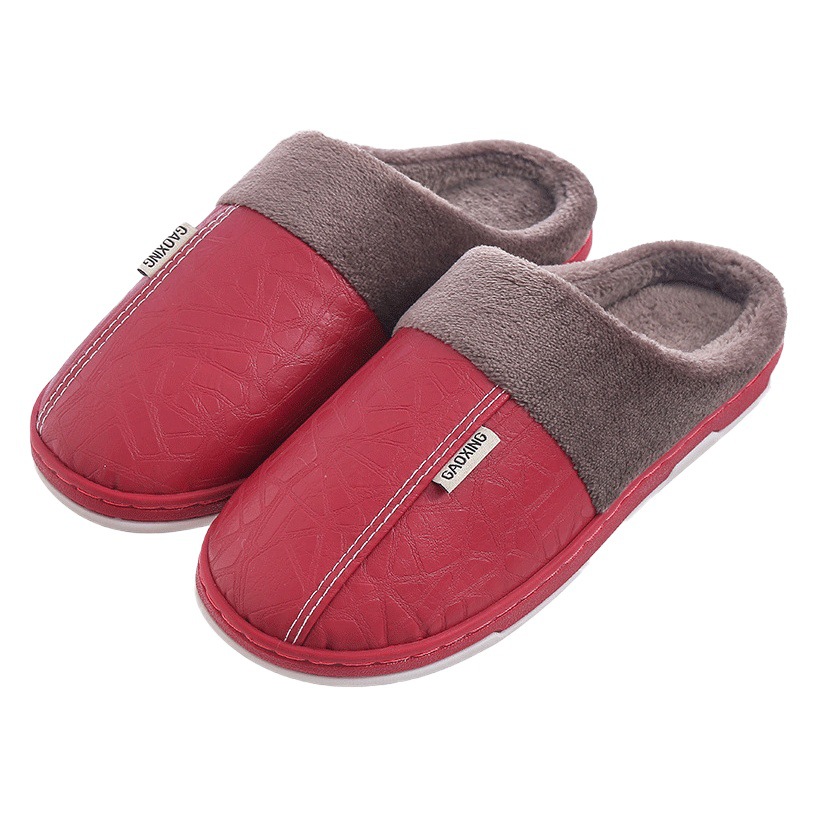 Pu Leather Cotton Slippers for Men's Home Waterproof Thick-Soled Warm Indoor Couple Winter Home Wool Slippers for Women Autumn and Winter