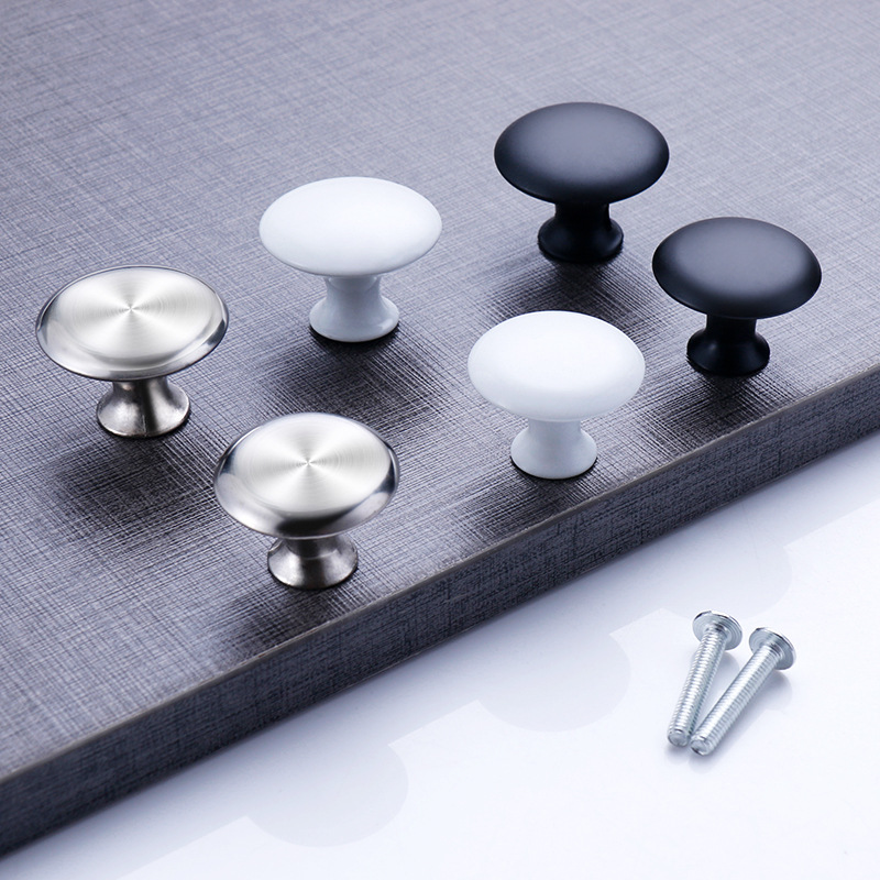 欧式蘑菇型瓷白黑色单孔拉手?现代简约衣橱柜圆形不锈钢抽屉把手