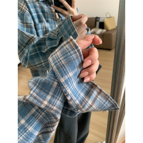 Women's Blue Plaid Long-Sleeve Shirt Jacket 2025 Spring and Autumn New French Retro Elegant Top Design Sense