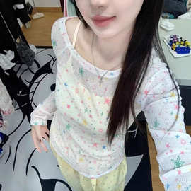 美式辣妹多巴胺彩色星星长袖罩衫防晒T恤女夏季小众修身显瘦上衣