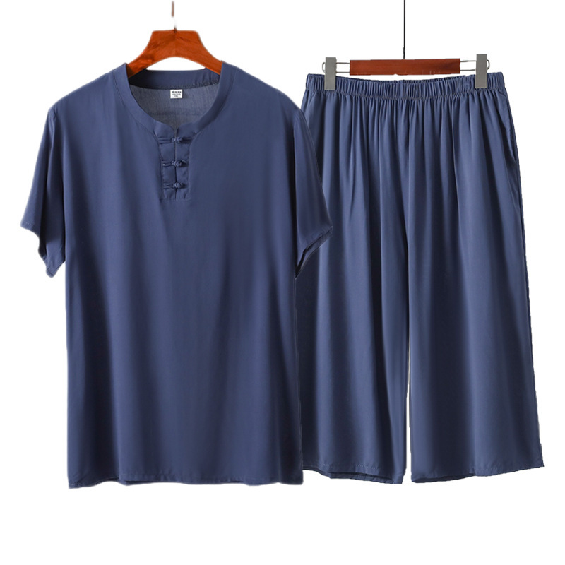 Middle-aged and elderly men's cotton silk pajamas suit buckle cardigan summer thin artificial cotton home wear cropped pants two-piece suit Middle-aged and elderly men's cotton silk pajamas suit buckle cardigan summer thin artificial cotton home wear cropped pants two-piece suit