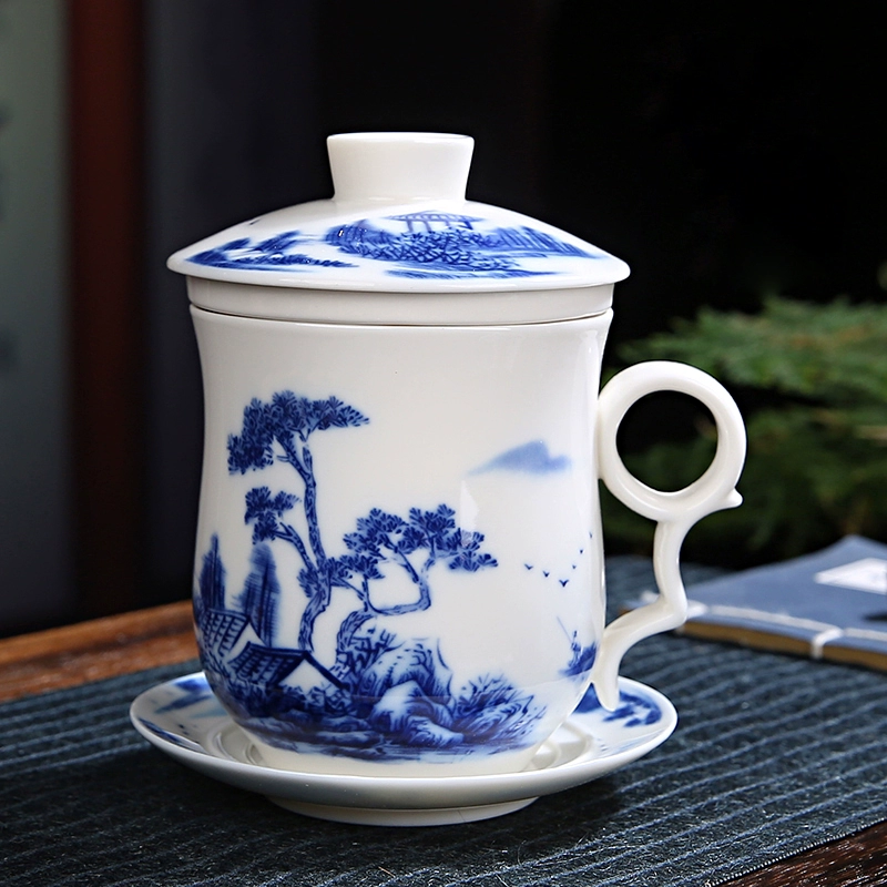 Набор из четырех частей чашки индивидуальная чашка из четырех частей керамический вкладыш фильтр с крышкой чашка воды синий и белый фарфор офисный конференц-кубок