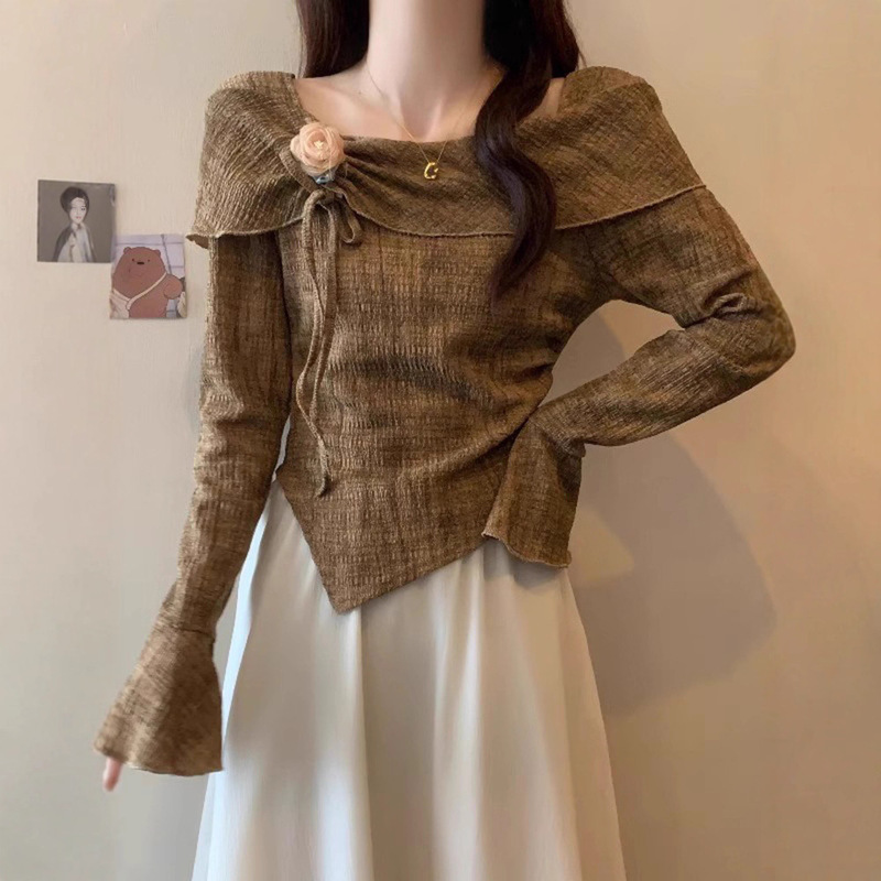 Maillard Off-Shoulder Tie-Dye Long-Sleeve T-Shirt for Women, Autumn New Plus-Size, Plus-Size, Bell-Sleeve, Three-Dimensional Floral Top