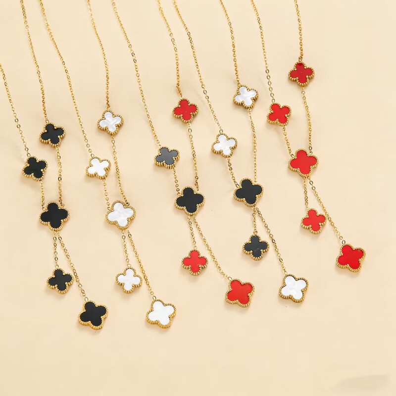 Cross-Border Popular Four-Leaf Clover Necklace for Women, Clavicle Chain with a Light Luxury Tassel, High-End Feel, Double-Sided Personalized Accessory, Versatile