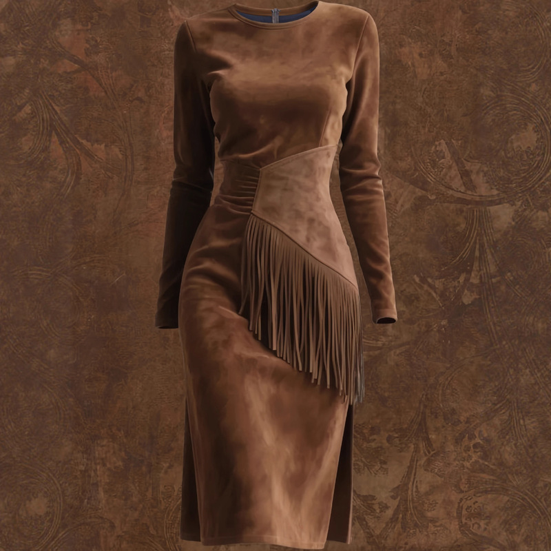 Cross-Border European and American Amazon New Women's Retro Western Round Neck Slim Long-Sleeved Tassel Suede Dress